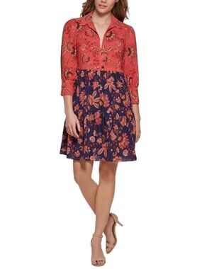 Vince Camuto Floral Mixed Print Tiered Shirt Dress Size 16 Navy Pink Boho